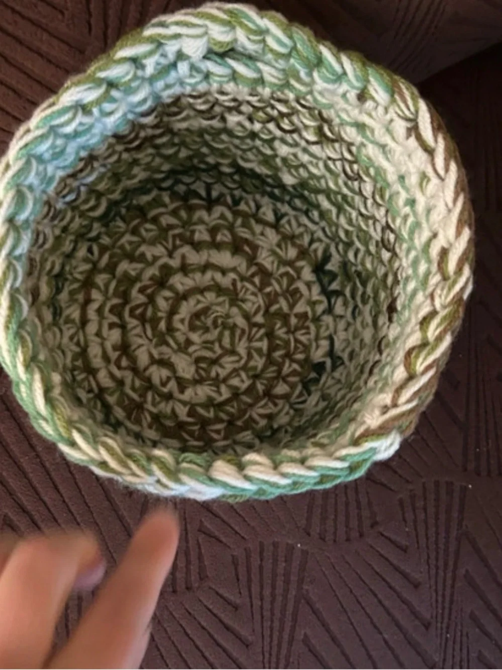 Handcrafted Green & White Crocheted Home Accent Basket
